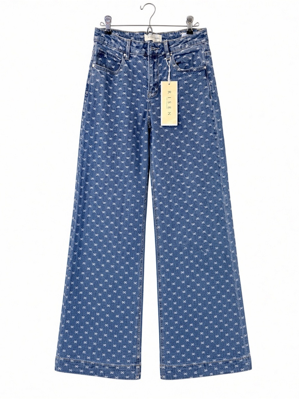 Risen Jeans 5/27 Wide Leg Blue Denim White Bow Embroidery NWT